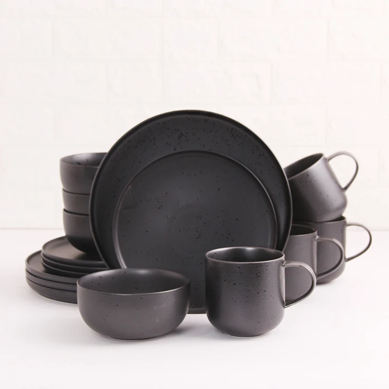 Matte Black Sesame Point Porcelain Tableware 16pcs Dinner Set Bowl Mug Plate Ceramic Dinnerware Sets For 4 People