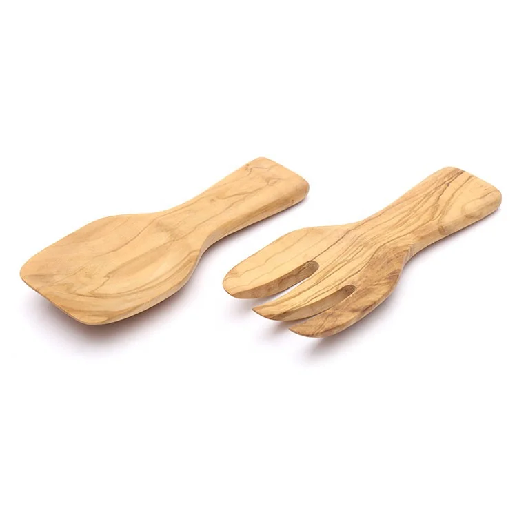 
Customized Logo High Quality Olive Wooden Short Handle Salad Servers Tools Spoon Forks 