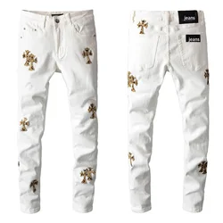 Rts For Dropshipping 724 Custom  golden leopard jens pant print cross white stretch  youth slim pants high street damaged jeans denim men