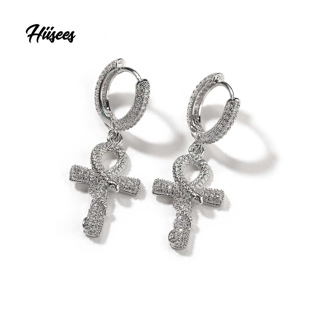 Wholesale Ready-to-Ship Fine Jewelry Earrings iced out Cubic Zirconia Cz Ankh Snake Earrings Cross Stud