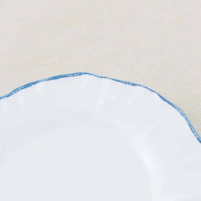 Wholesale price custom round plain white unbreakable plastic tableware melamine melamine plate set 6 plates with blue wave band