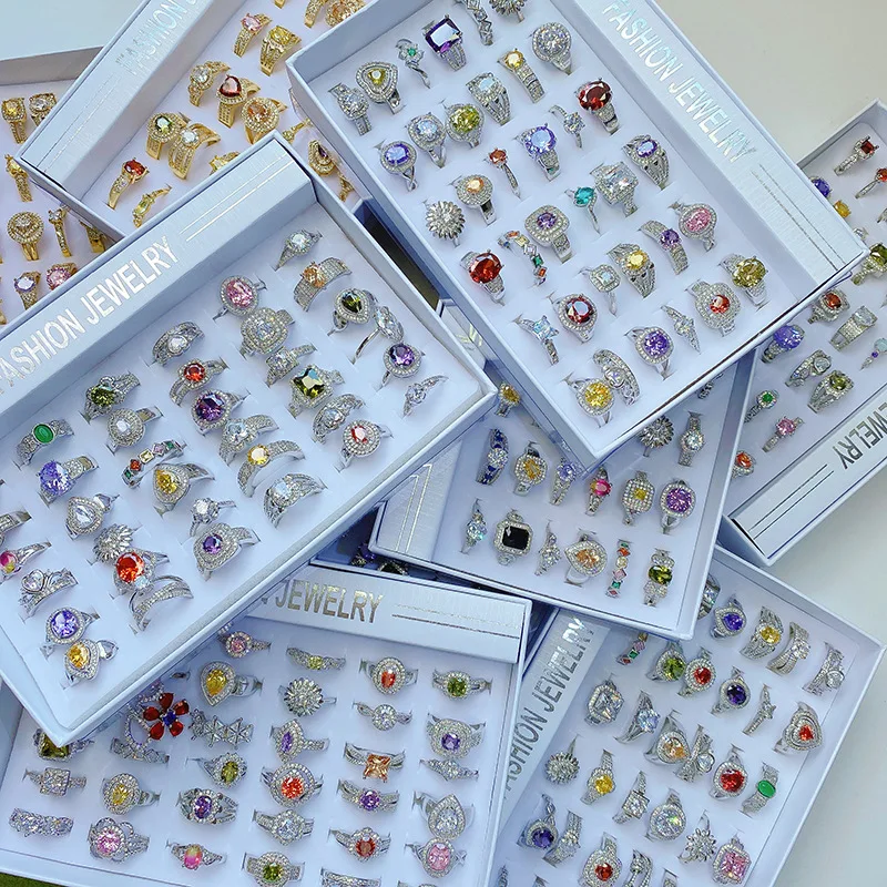 Luxury Fashion Gold Plated Colorful Gemstone round square Ring Statement Micro Inlaid Zircon CZ diamond Engagement Ring Jewelry