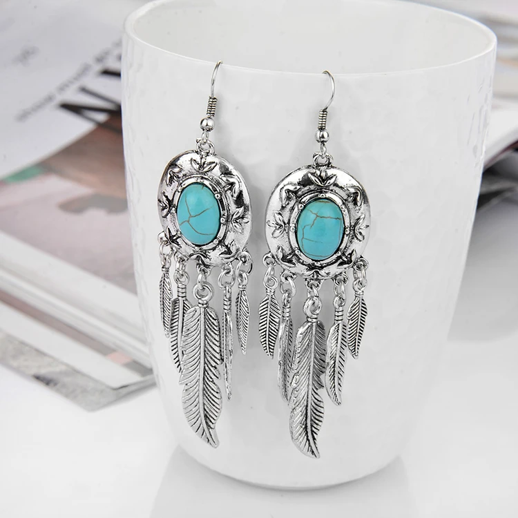 Latest Design Antique Silver Turquoise Earrings Bohemian Jewelry Wholesale
