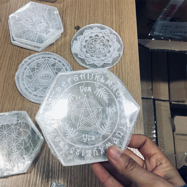 wholesale chakra selenite Slab Selenite Wholesale Natural Gypsum Slab engraved Selenite Slice crystal trays For Decoration