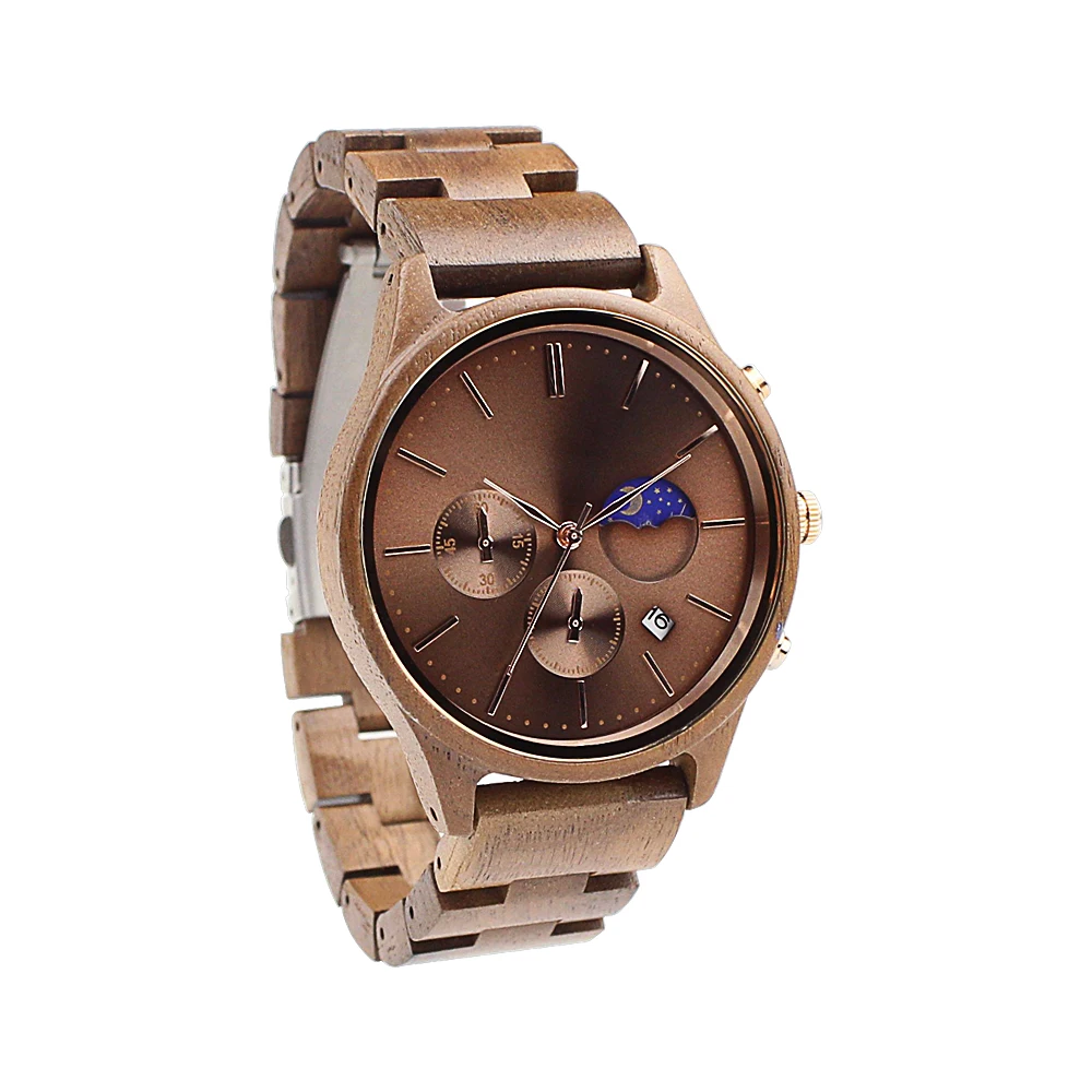 Best Gift Full Natural Walnut Wood Band Quartz Moon Phase Calendar Male Wristwatch Fashion Men Chronograph Wooden Watch