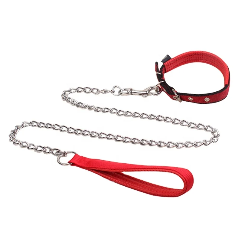 Dropshipping High quality Pet Steel Chain Heavy duty Tactical Dog Leash and Nylon Collars set for Medium Large Dog