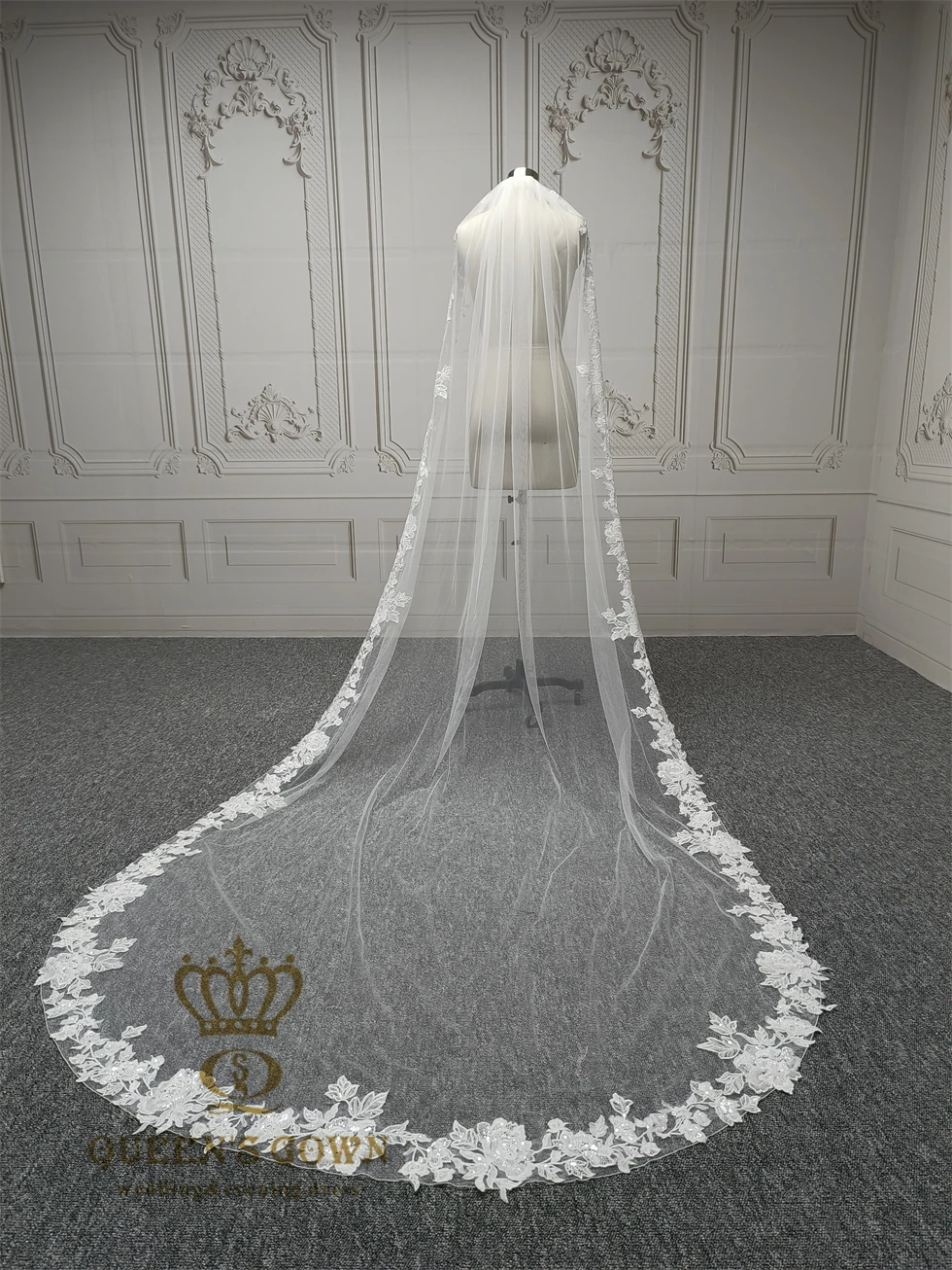 QUEENS GOWN New elegant embroidery lace trim wedding veil 3m long singler layer fancy sequin lace bridal veil with comb