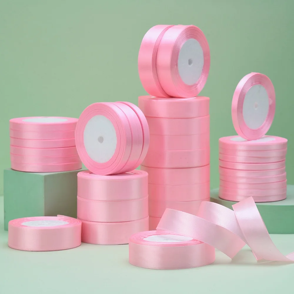 custom Pink Ribbon Polyester 0.6cm 25mm 25yard Single Sided Wedding Decoration Gift Ribbons roll