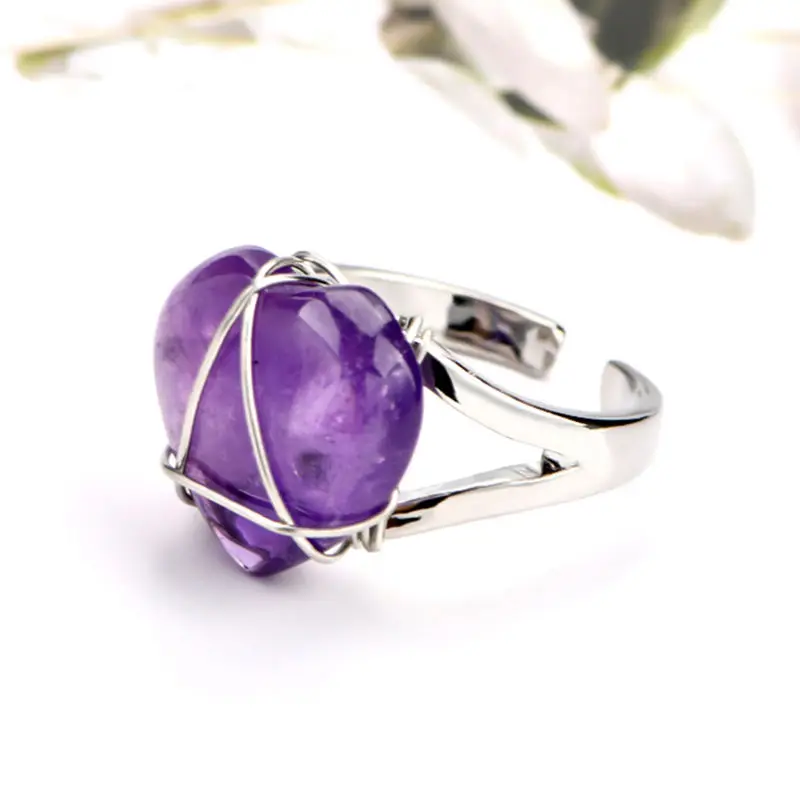 Wholesale Heart Shape  Handmade Craft Hand Wire Wrapped Gemstone Crystal Ring for Women and Girls Jewelry