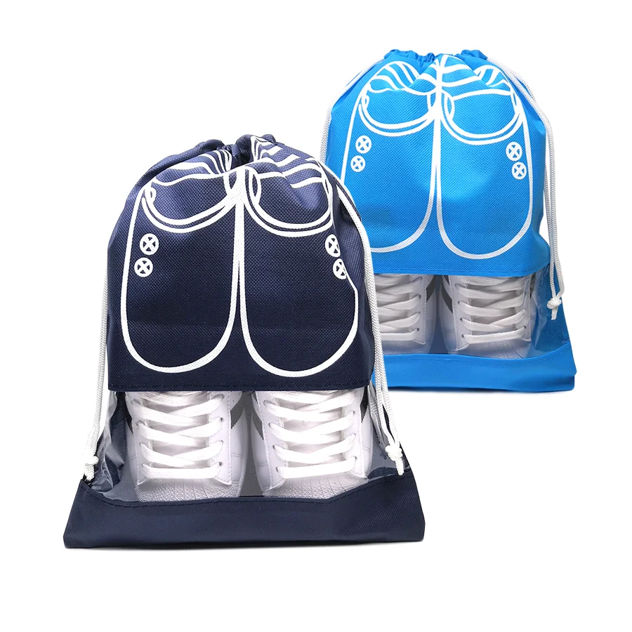 Fashional reusable non woven drawstring shoe bag with PVC window