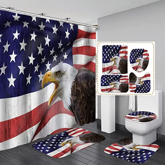 American Flag 4th of July Independence Day Patriotic Shower Curtain Bathroom Decor Curtain Set with 12 Hooks