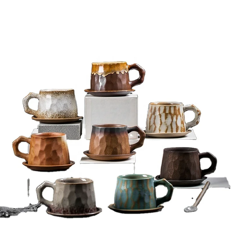 Nordic reactive glazing ceramic stoneware coffee mug  with saucer and spoon set of 3 Collection