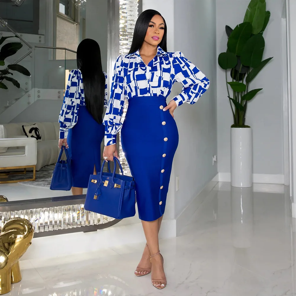 New Floral Printed Long Sleeved Shirt Paired Fitting Hip Wrap Skirt Two-Piece Set Long Sleeve Shirt And Skirt Set For Women