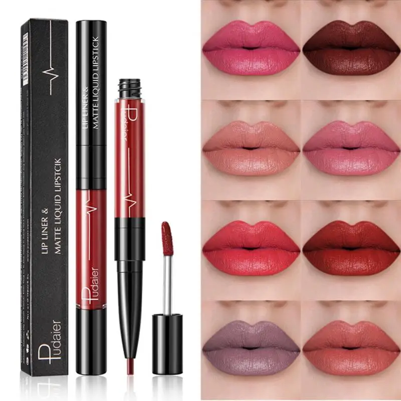 Pudaier Dual-end Matte Liquid Lipstick 2 In 1 Lipstick Lip Gloss Lip Liner Waterproof Longlasting Sexy Lip Pigment maquiagem