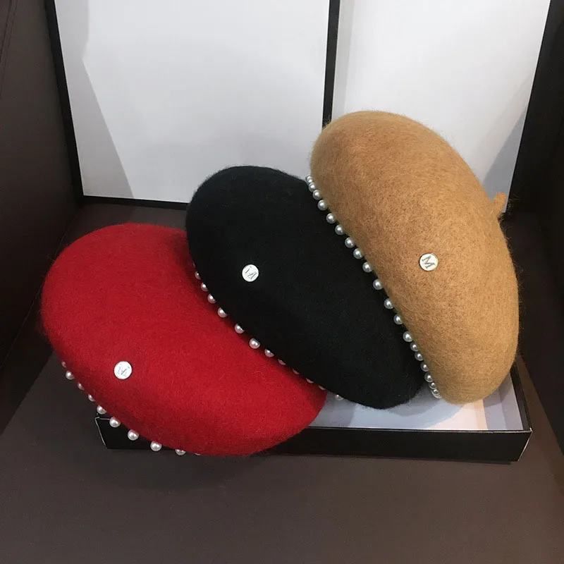 Pearl Painter Artist High Quality Wool Winter Red Beret Cap For Ladies Girls Hat For Kids Parent-Child caps