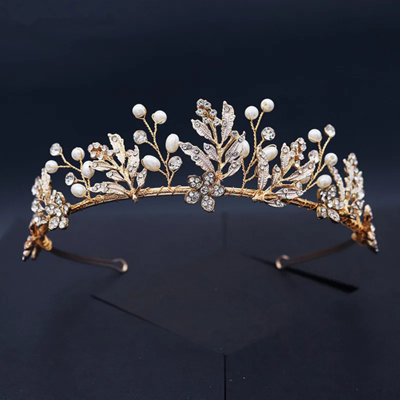 RE4062 Handmade Gold Bride Tiaras Leaves Rhinestone Crowns Wedding Hair Accessories