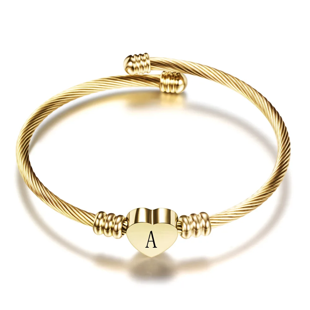 
Fashion Girls Gold Color Stainless Steel Heart Letter Bangle Initial Alphabet Charms Bracelets 