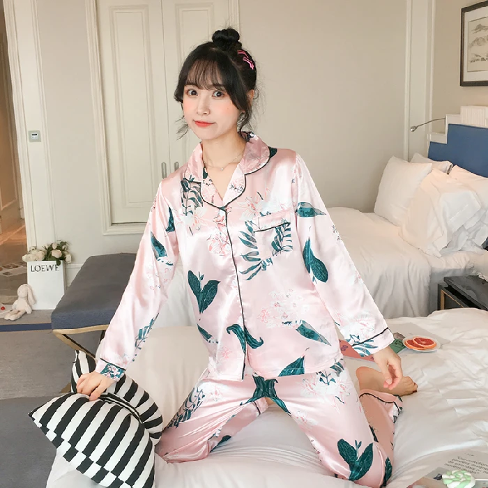 
Pajamas women spring and autumn long-sleeved ice silk two-piece suit thin home service 