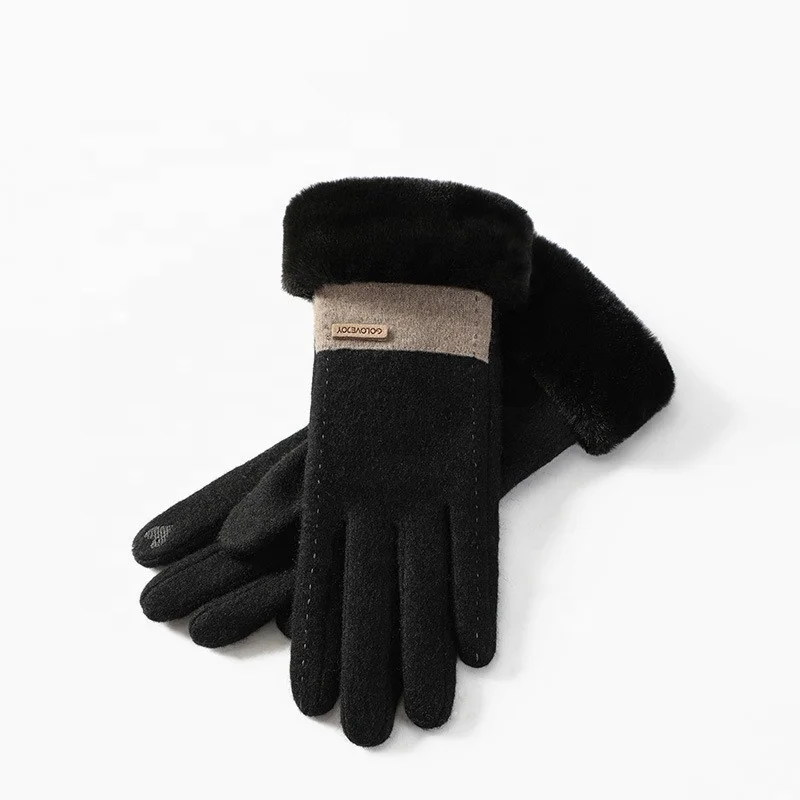 Winter wool gloves for women touch screen plus velvet, windproof and cold-proof plush warm cashmere gloves