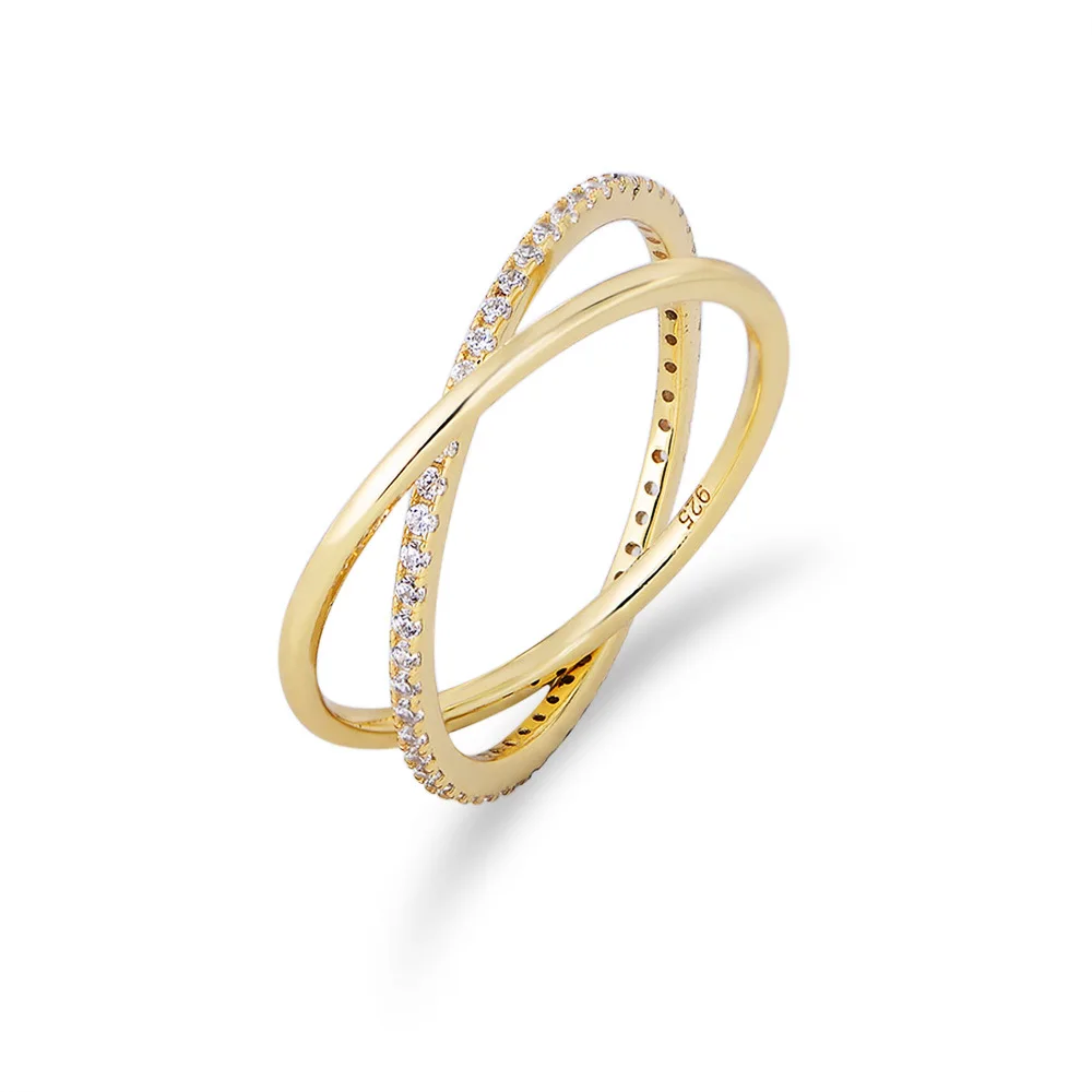 Wholesale Fashion Jewelry 925 Sterling Silver Double Circle Loop Cross Zircon Gold Plated Rings for Women