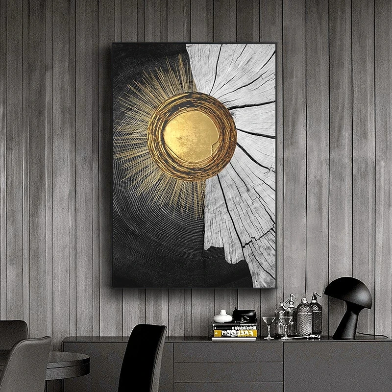 Abstract Golden Black Wood Texture Canvas Painting Nordic Posters and Prints Modern Wall Art Pictures for Living Room Home Decor