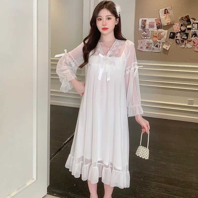 OKA Lace Embroidery V-neck Womens Sleepwear Princess Girls White Nightgowns Maxi Dress Long Sleeve Bridal Night Wear Nighties