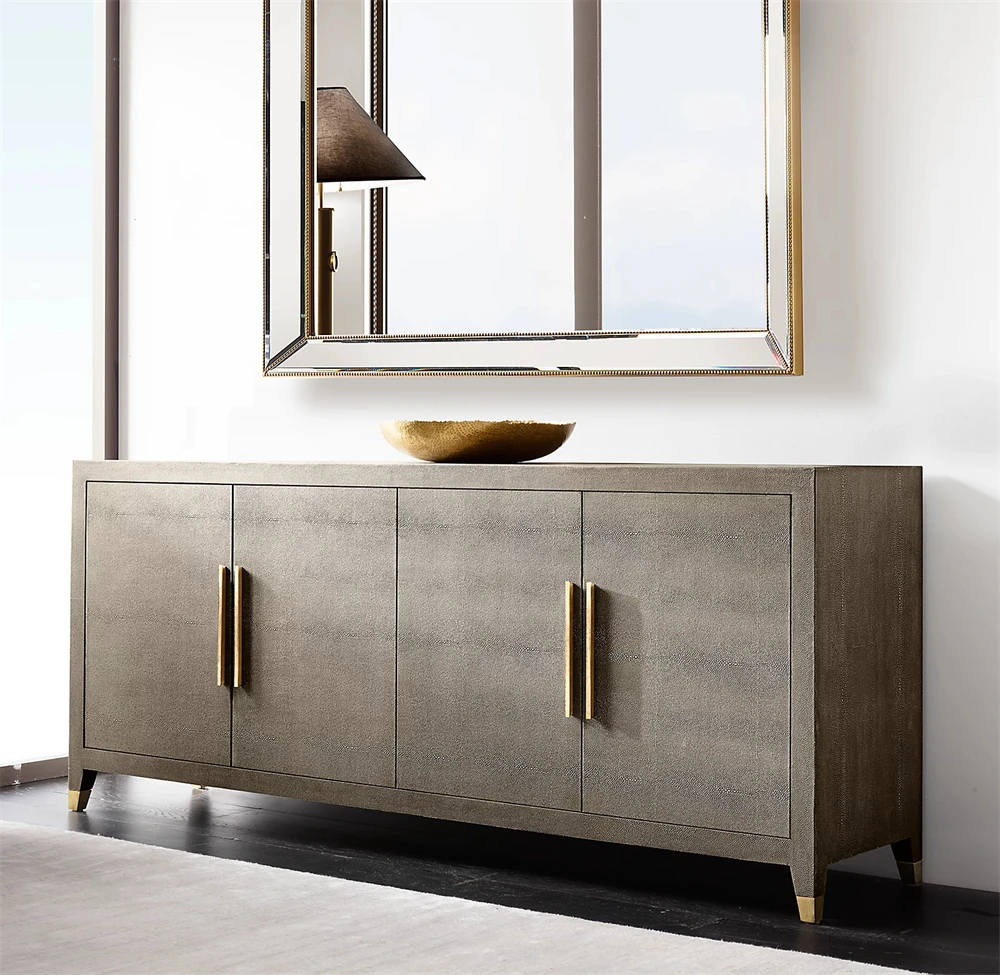 Home furniture dining room furniture solid wood table shagreen-embossed leather metal handle glass panel 4-door sideboard