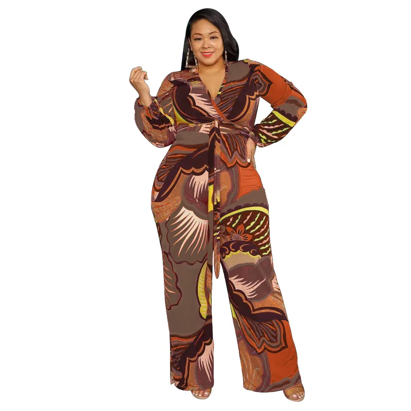 European and American abstract printing deep V-neck loose fashion jumpsuit plus size casual jumpsuit