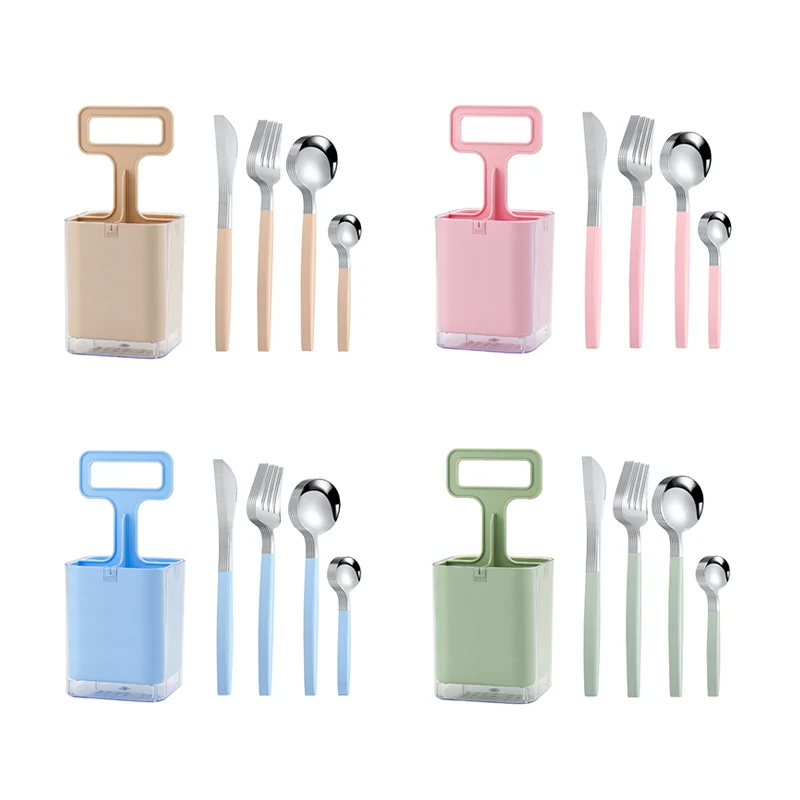 Space Saving Restaurant Hotel Knife Spoon Fork Organizer Holder 24pcs Candy Color Gold Flatware Set with Dust Proof Lid