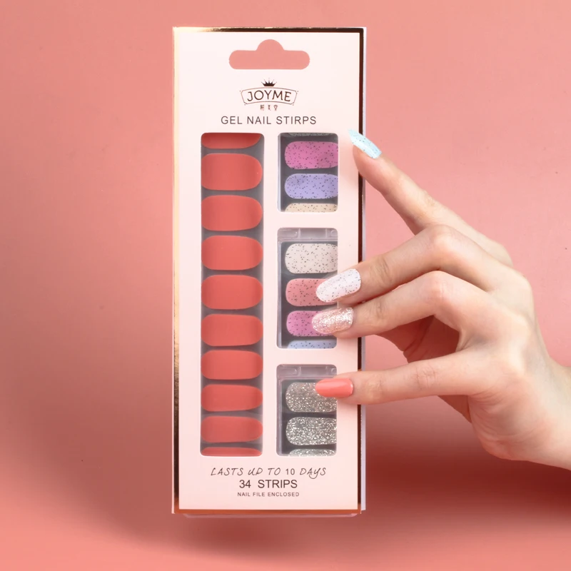 JOYME 34pcs high quality double ended nail wraps non toxic gold silver glitter jamberry nail gel strips for woman