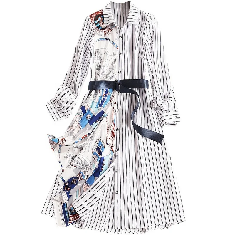 B23960A Striped dress autumn shirt dress fashion patchwork long dress