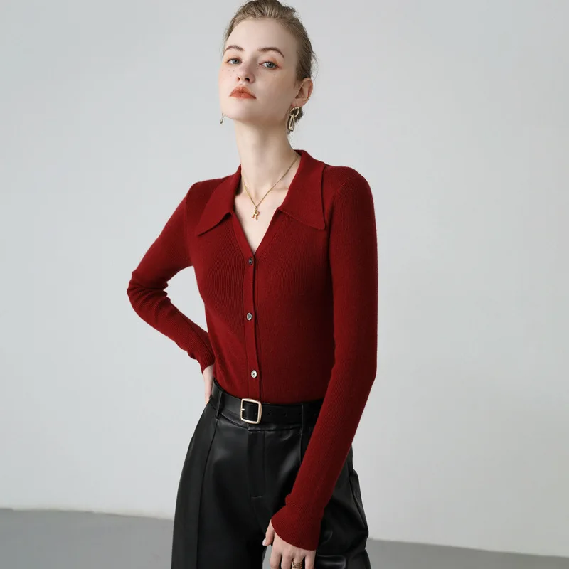 2024 Hot selling Polo Collar Cashmere Sweater Autumn/Winter Solid Color Slim Fit Knitted Cardigan Wool Sweater for Women
