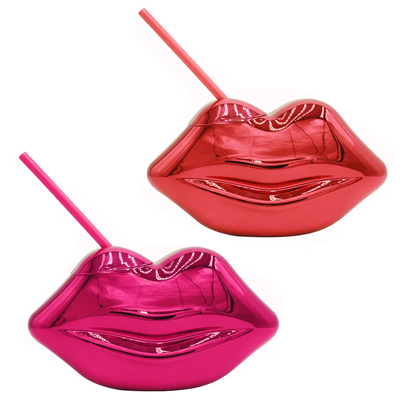 20 oz Plastic Red Lip Shape Disco Cup with Straw and Lid for Party and Events