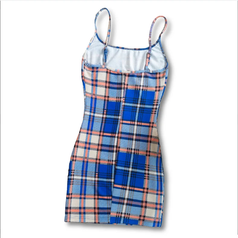 Ladies Sexy Evening Dress A Line Bodycon Spaghetti Strap Plaid Dress Sleeveless Slit Dress Chiffon