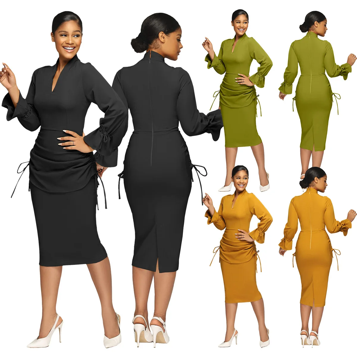 Женское Деловое платье с рукавом-фонариком, однотонное платье для офиса, осень 2022