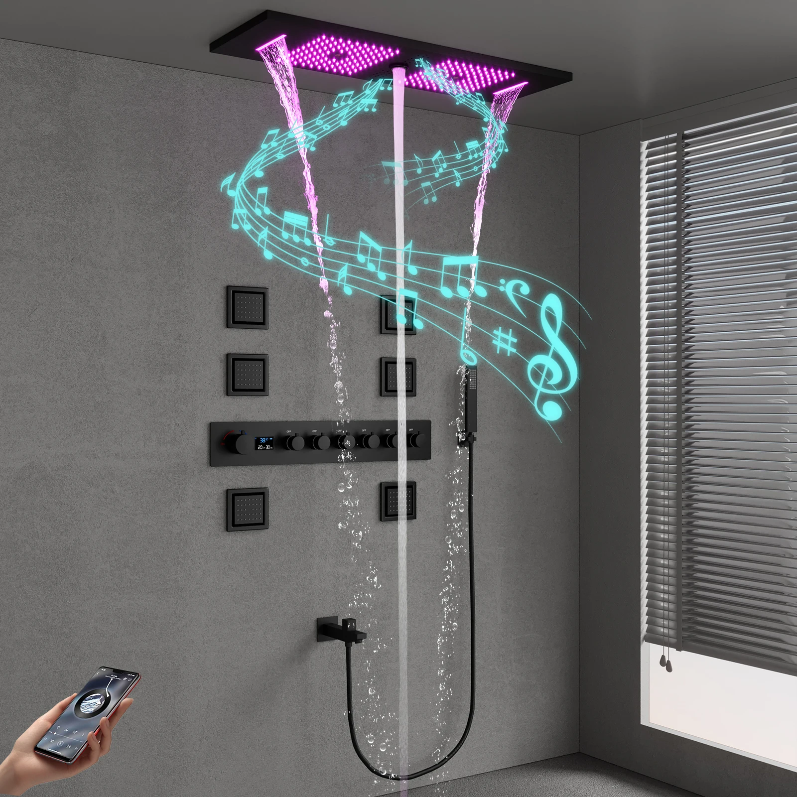 Matte Black 900*300mm Shower System Ceiling Music LED Shower Head Bathroom Cold and Hot Digital Display Shower Faucets