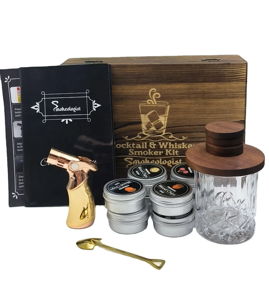 Luxury Wooden Cocktail Smoker Kit Handmade Cocktail Chimney Smoker With Wood Chips Whiskey Smoker Kit With Torch