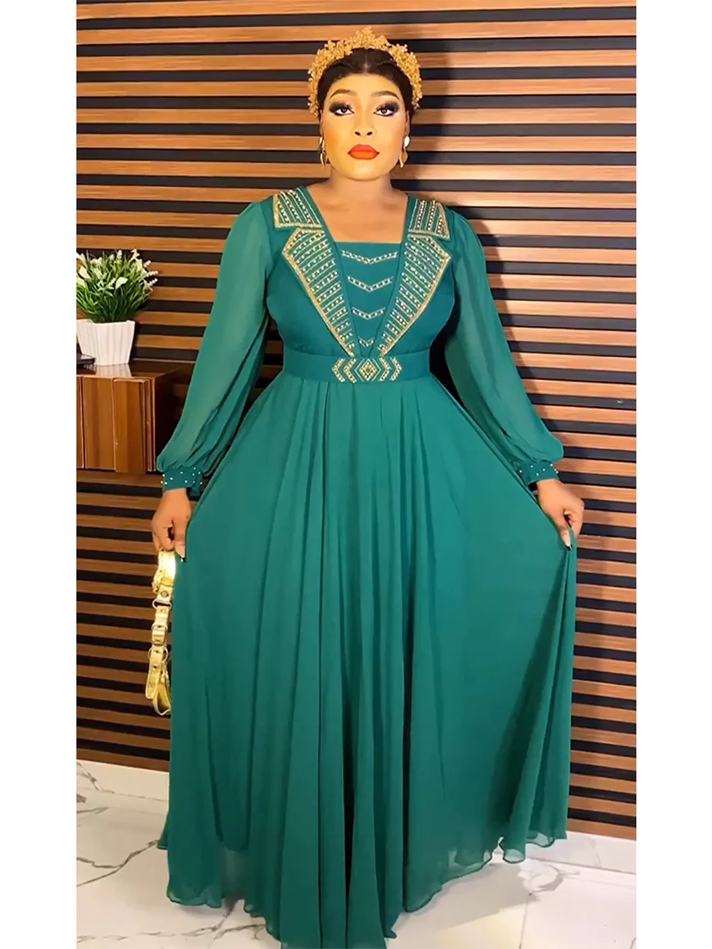 European and American women fashion beading casual maxi dress African Chiffon floor length skirt Embroidered Casual Dresses