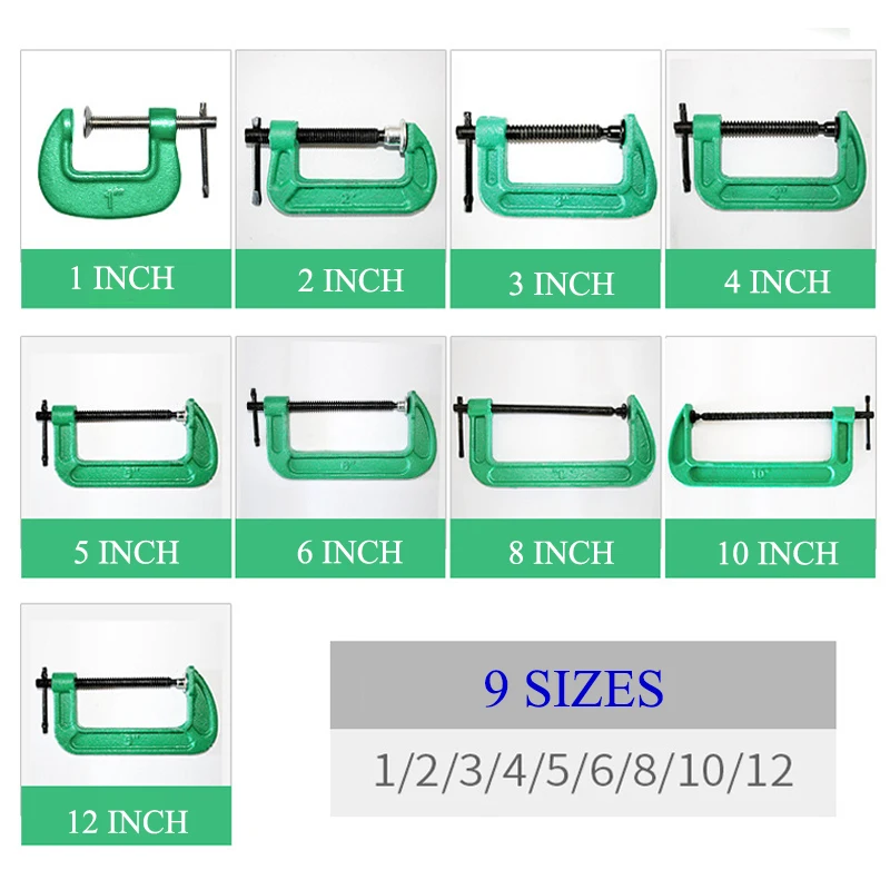 OEM/ODM HT2810 Heavy Duty Tools 1 2 3 4 5 6 8 10 12 Inches Malleable C Clamps Light Duty Woodworking G Clamp
