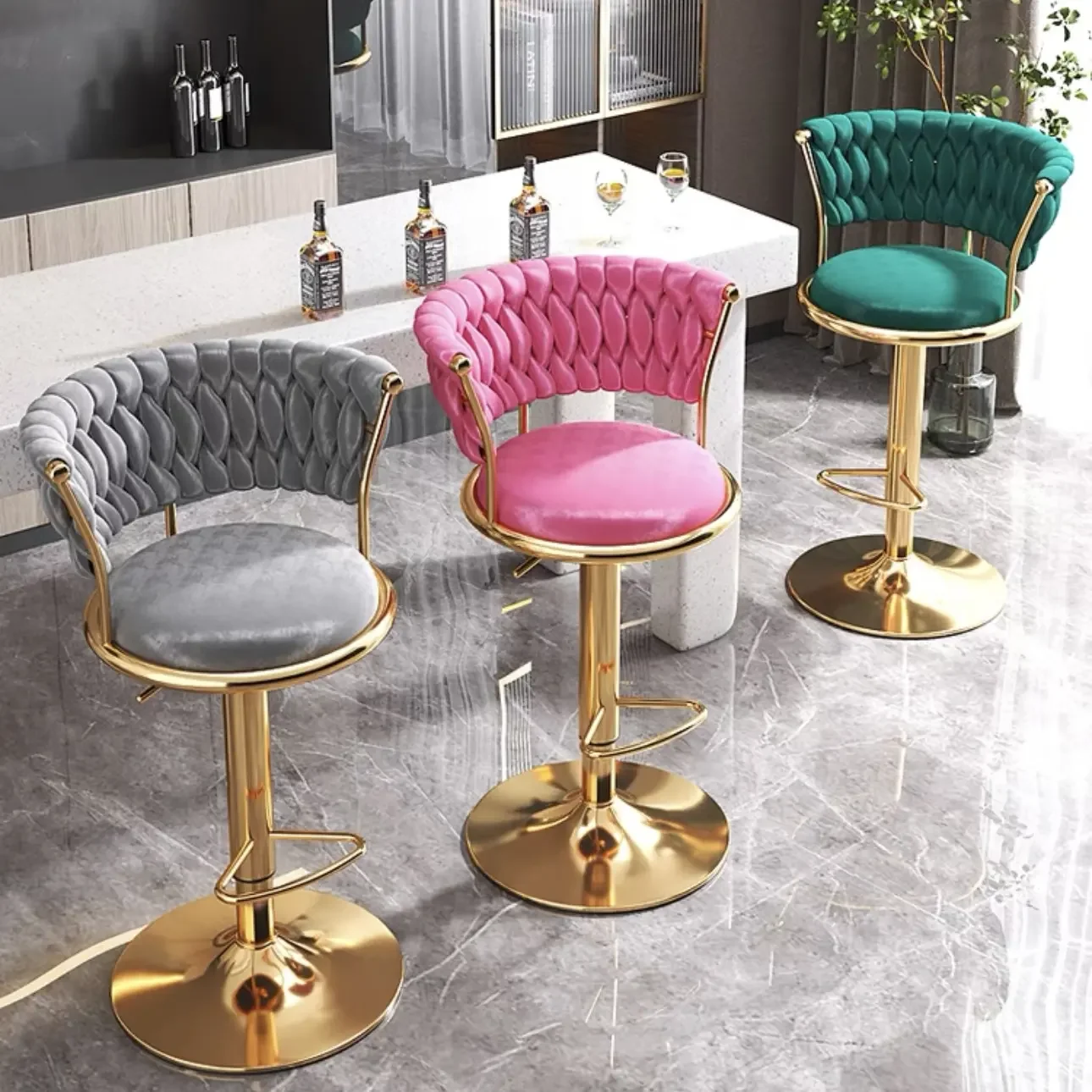 Nordic Luxury Kitchen Counter Stool Modern High Bar Chair With Gold Metal Velvet Leather-Adjustable Plastic Furniture Table