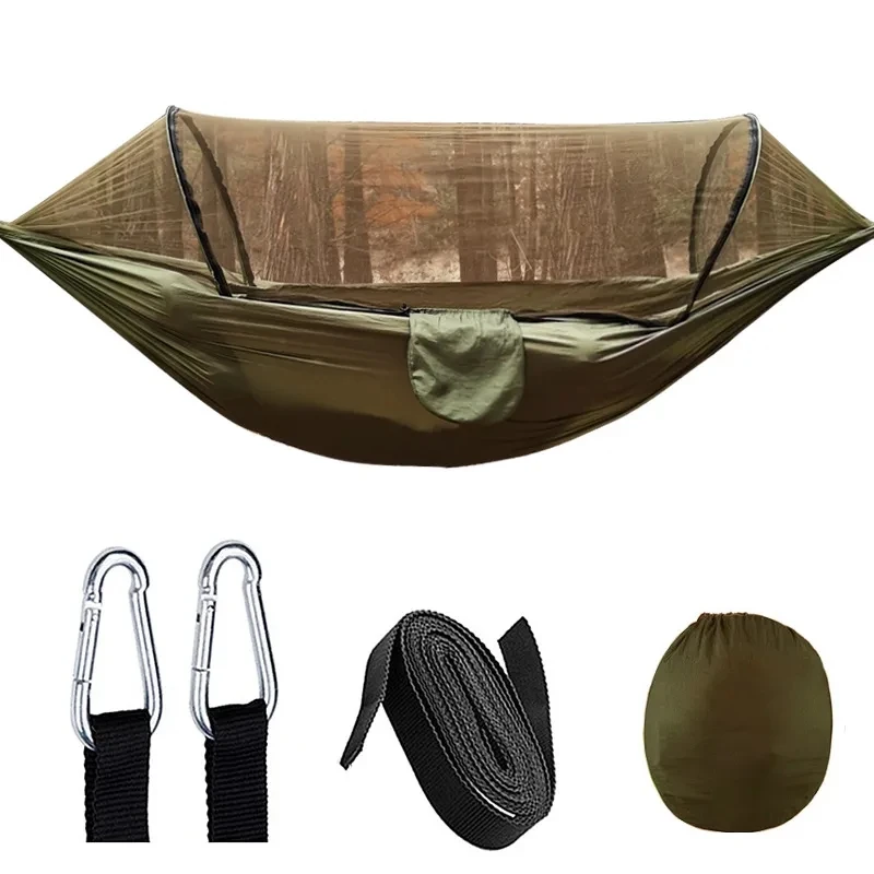 Automatic Quick-opening Outdoor swing Anti-rollover Nylon Rocking Chair 260x140cm Camping Pole Hammock with Mosquito Net
