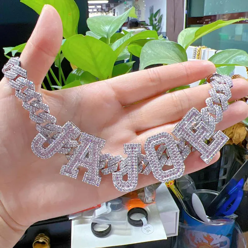 Iced Out Mens Hip Hop Jewelry Platinum/18K Gold Plated Lab Diamond Letter Custom Pink Zircon Intials Name Cuban Chain Necklaces