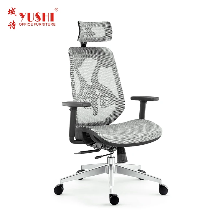 Executive High Back Ergonomic Adjustable Mesh Aluminum Base Manager Revolving Task Chair With Pu Sound-proof Castors