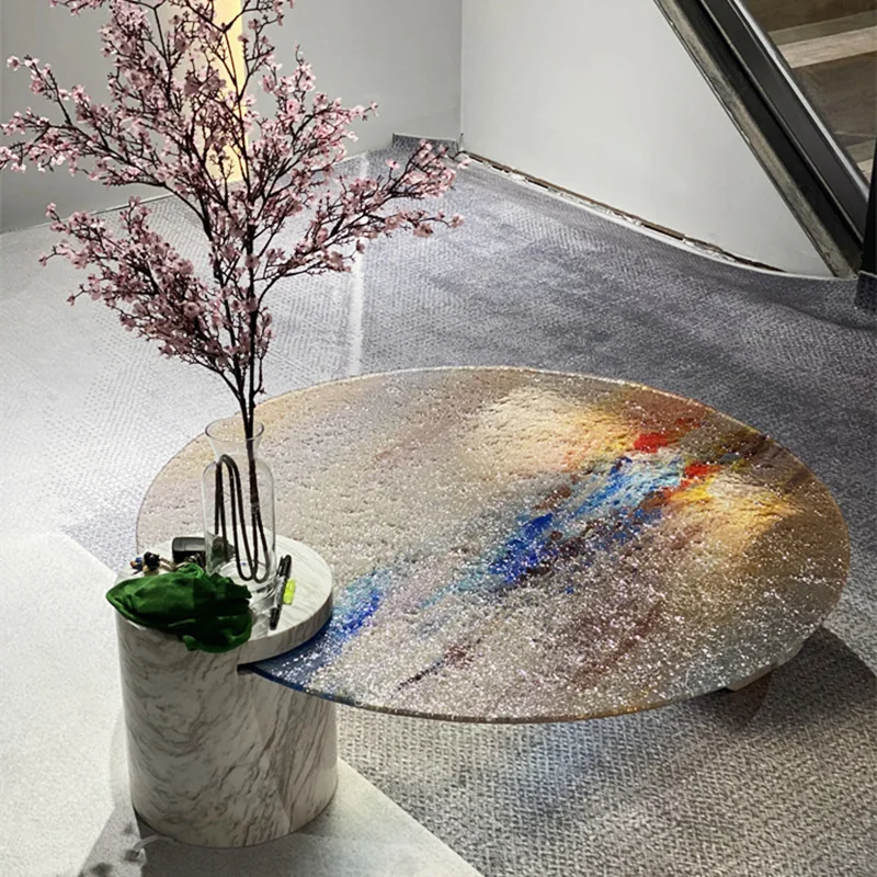 Newly Designed  Colorful Coffee Table Luxury Art Glass Top Stone Base Round Table