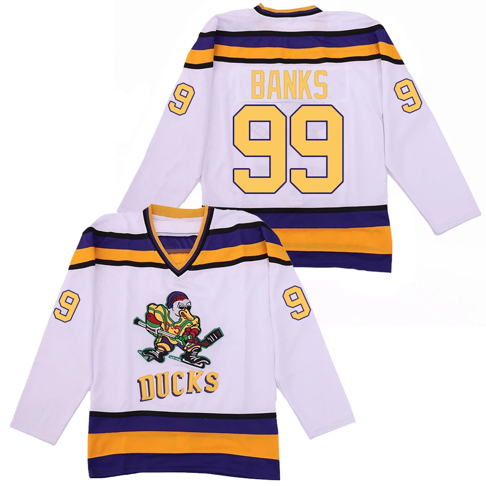 
Wholesale White/Green/Black Mens 99 Adam Banks The Mighty Ducks Movie Ice Hockey Jersey Stitched 