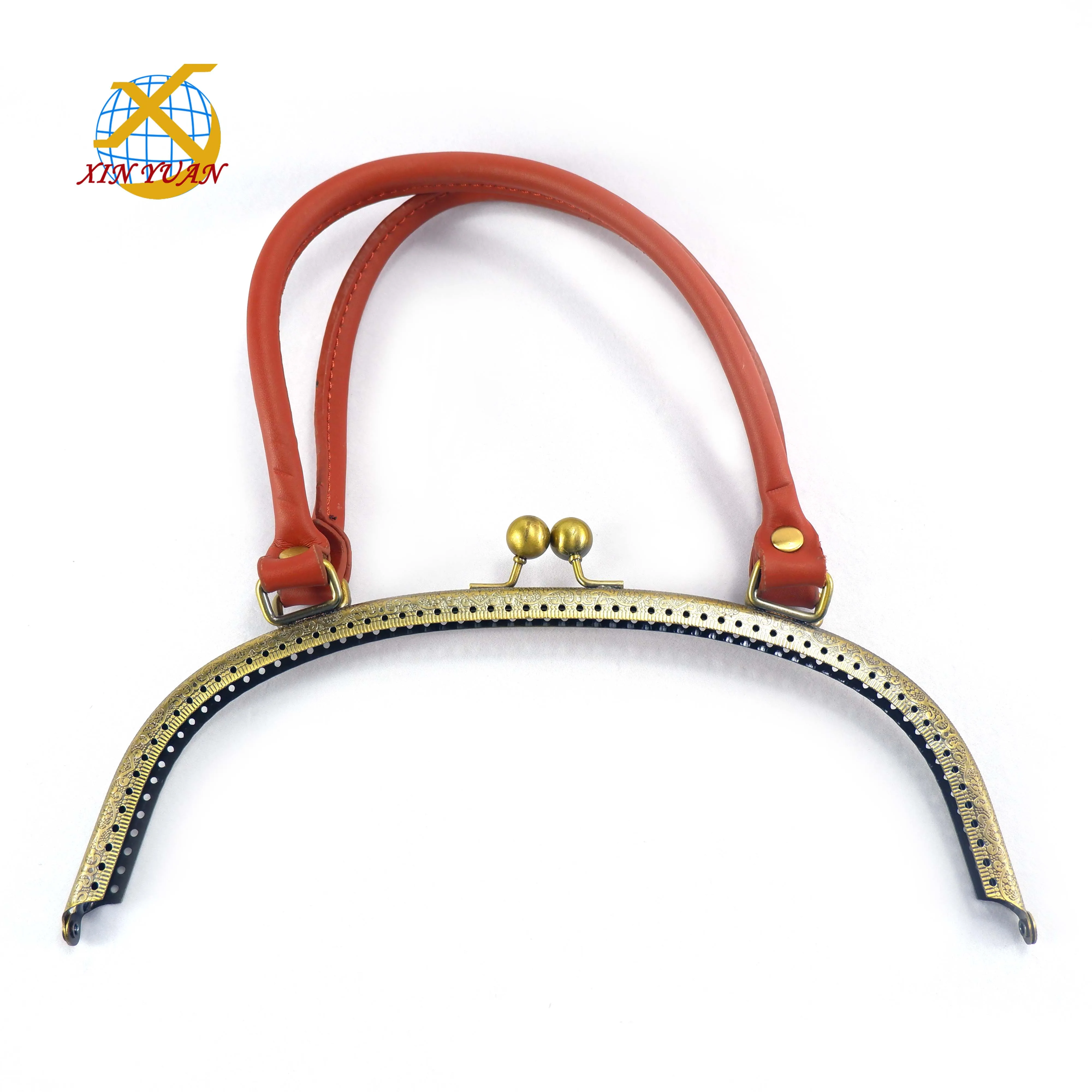 24.7*9.5cm Color Brown purse metal frame with leather handle bag frame closure hardware