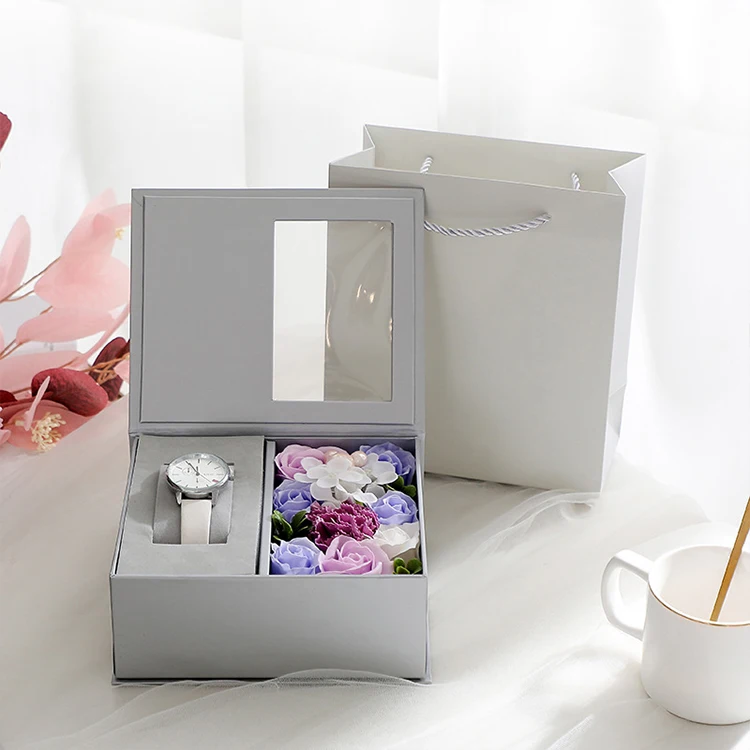 Customization Package Design Paper Gift Magnetic Box Black Pink Flower Rose Box With Window Packing