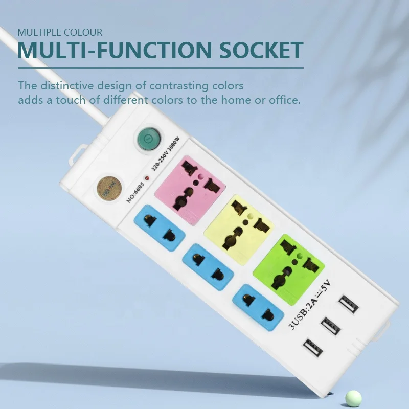 extension board with usb port Universal standard 6outlet muliple type colorful extension socket power strip