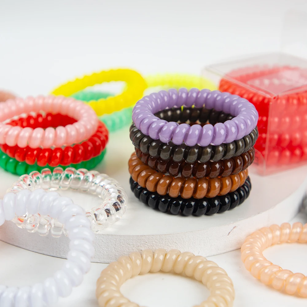 Telephone Wire Line Cord Coil Shape Hair Ties Traceless Printed Jelly Elastic Hair Scrunchies Hairdressing Rope OEM/ODM
