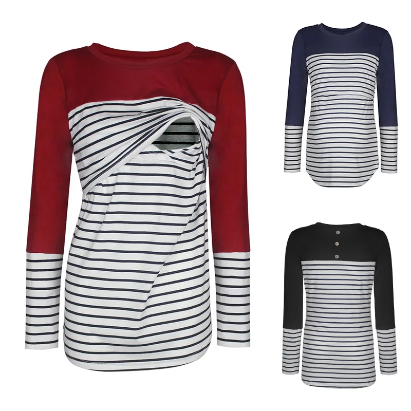 Осенне-зимняя полосатая одежда для беременных с оборками в стиле пэчворк двухслойные рубашки для кормления полосатые женские топы для грудного вскармливания
